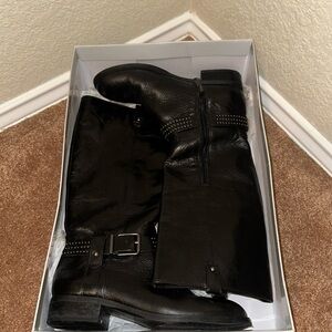 Black leather boot with belt buckle and sliver beads